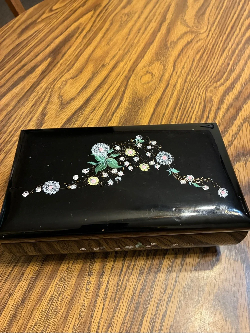Black Floral Lacquered music & Jewelry Box 5”x8”